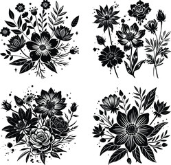 Elegant Black Floral Arrangement Vector Drawing Perfect for Posters, Stationery, or Digital Art Projects