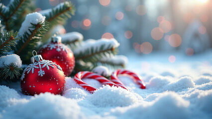 Two red Christmas ornaments with delicate white snowflake patterns nestle into a snowy surface beside a trio of candy canes and a lush pine branch. Twinkling bokeh lights shimmer in the background