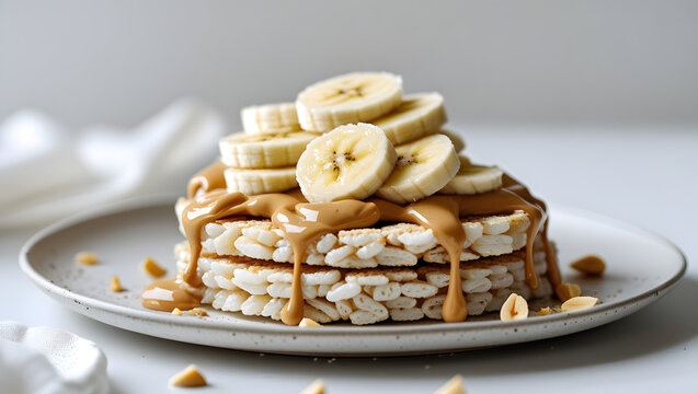 Peanut butter and banana rice cakes, a healthy and delicious snack.