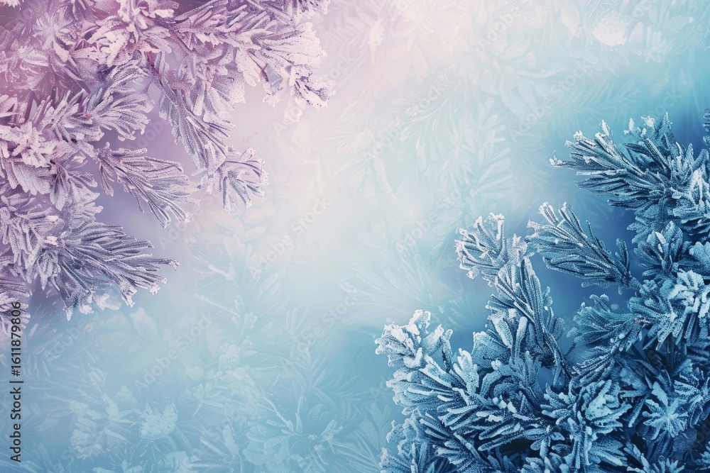 Poster pine branches covered with frost create a beautiful winter background with copy space