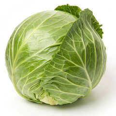 Obraz premium A large, unblemished green cabbage with detailed leaf patterns, set on a bright white surface.