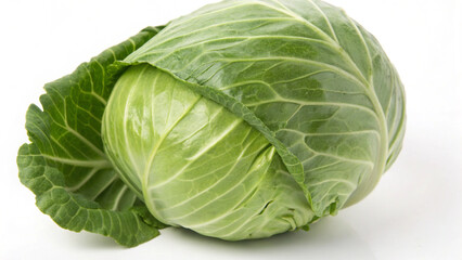 Fototapeta premium A fresh, vibrant green head of cabbage with visible leaves on a clean white background.