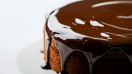 Close-up of a rich chocolate cake, drizzled with melted chocolate.  Dark, glossy chocolate coating flows down the sides of the cake