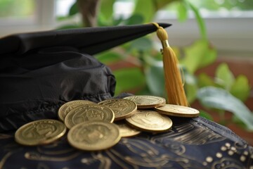 Gold coins rest beneath a graduation cap, representing the financial investment required for higher education