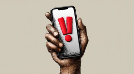Hand holding smartphone with exclamation point