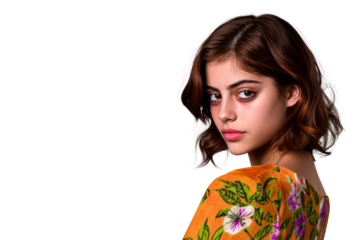 Young woman in colorful floral dress with a soft expression