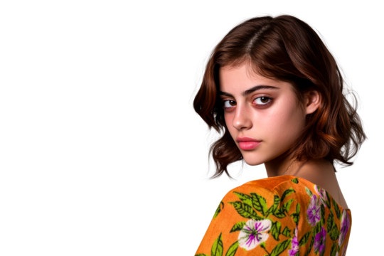 Young woman in colorful floral dress with a soft expression