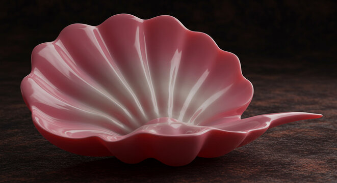 A pink shell shaped dish with ridges on a dark surface creating a simple still life image style