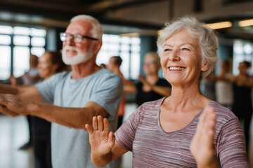 Smiling seniors doing morning aerobic exercises at a bright community center