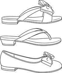 Women's flat sandals and ballerina shoe CAD design, stylish footwear technical drawing, vector outline fashion template, shoe fashion sketch