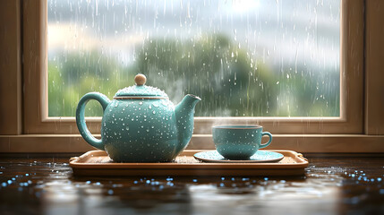 Teal teapot and cup on a tray by a window during a rainstorm. Steam rises from the hot drink. Water droplets are on the teapot and tray
