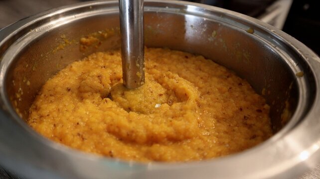 Close-up view of a stainless steel pot filled with freshly blended orange lentil soup or vegetable puree. A hand blender is immersed in the mixture, creating a smooth texture. Homemade cooking process