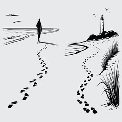 Footprint trail ending at sea  image silhouette design vector art and illustration