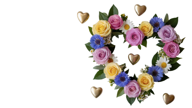 Gorgeous heart wreath of colorful roses and daisies with golden hearts celebrates love and beauty