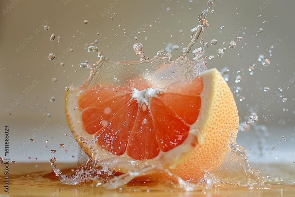 Poster fresh grapefruit slice making a splash as it falls into water, creating droplets and a dynamic, refr