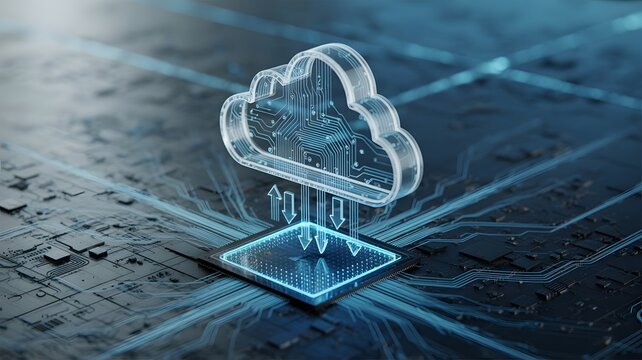 Futuristic Cloud Computing; Data Transfer to Microchip,  Cybersecurity Concept, Digital Technology,  Abstract Render. - Powered by Adobe