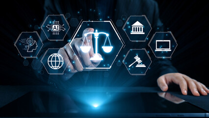Futuristic digital law interface displaying justice scale, highlighting digital law, AI compliance,...