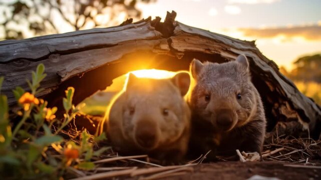 Adorable Wombats in Sunset Burrow - Wildlife Encounter