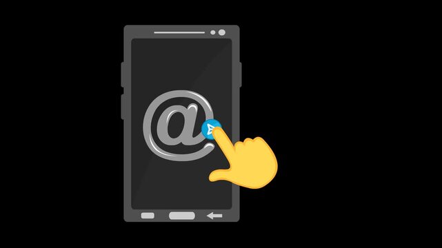 video animation yellow hand click push arroba electronic mail button mobile phone concept icon, on a transparent background with alpha channel set to zero