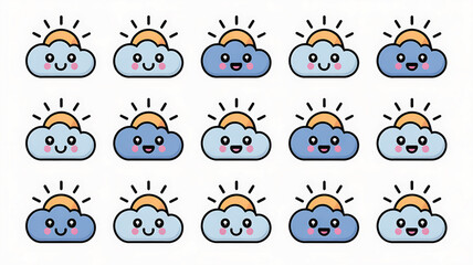 Cute Cartoon Clouds with Smiling Faces and Rising Sun Illustration for Childrens Books and Educational Materials