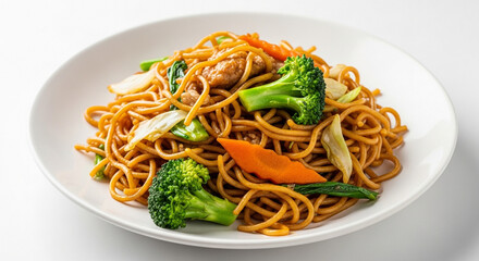 Delicious stir-fried noodles with fresh vegetables on a white plate.