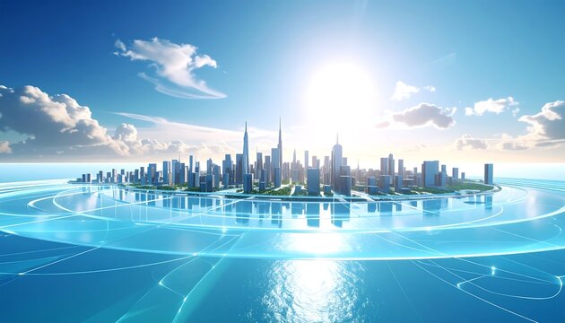 Futuristic Cityscape on Island Under Bright Blue Sky