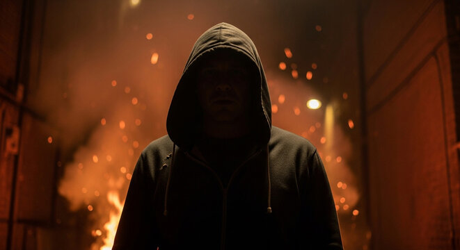 Eerie man in hooded sweatshirt stands against fiery background ominously
