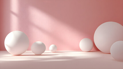 Fototapeta premium **Soft pink gradient backdrop with white spheres and subtle sunlight shadows creating a calm ambiance