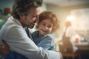 Fototapeta premium Doctor hugging a little girl patient in a hospital room, providing comfort and care