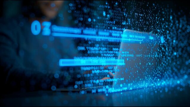Cybersecurity Enigma: A person immersed in the digital world, hunched over a laptop, amidst a stream of code and data, evoking an atmosphere of mystery and technological prowess. 