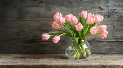**Soft pink tulips in a glass vase on a rustic wooden table