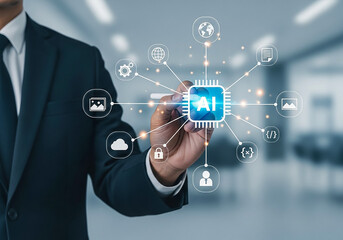 Businessman interacting with artificial intelligence network and icons