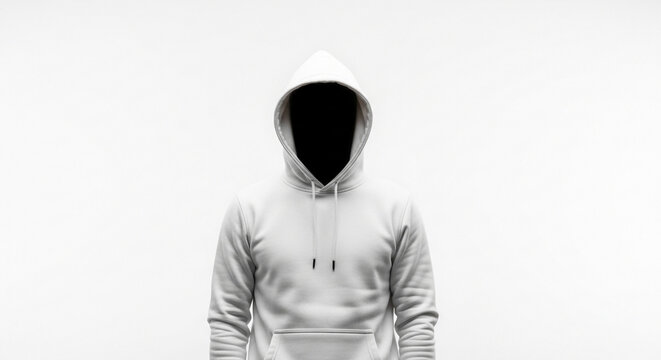 Anonymous figure in white hoodie with obscured face against white background