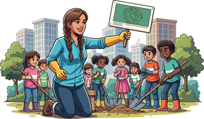 Diverse children planting trees with happy teacher for Earth Day project