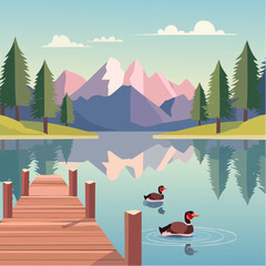 Obraz premium Tranquil lake scene with wooden dock, pine trees, and ducks swimming near majestic mountains