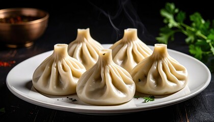 Steam-Cooked Dumplings on White Plate with Garnish and Herbs