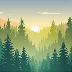 Fototapeta premium Serene forest vista at sunrise, sun peaking over misty mountain peaks, tranquil nature