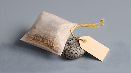 **Tea sachet mockup featuring a hanging tag and gold string, set on a grey background
