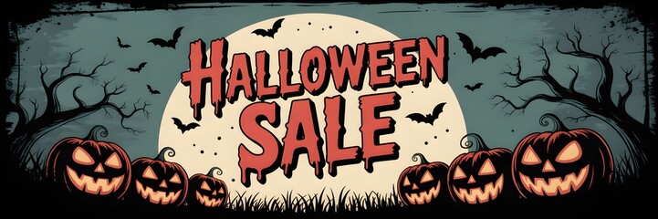 Spooky halloween sale announcement featuring jack o lanterns and bats under a full moon