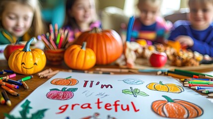 A vibrant arrangement of colored pencils and a sketchbook with a butterfly drawing, surrounded by autumn leaves and small pumpkins.