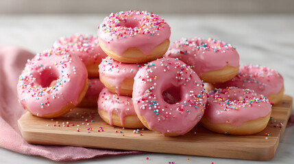 **Tower of pink glazed donuts with sprinkles, arranged on a wooden board