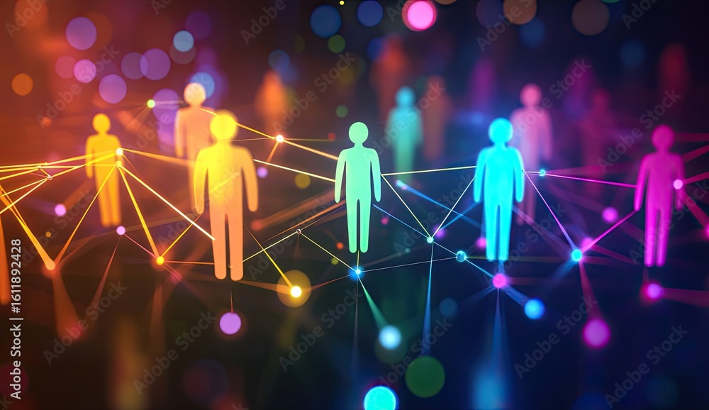 Poster connected network of human icons representing digital interaction and collaboration among users in a