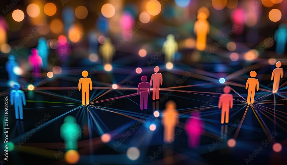 Poster connected network of human icons representing digital interaction and collaboration among users in a