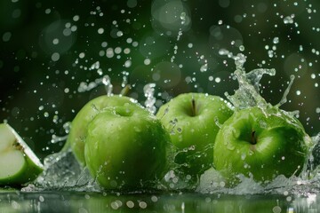 Fresh green apples getting splashed with water on a green background, perfect for healthy eating and wellness promotions