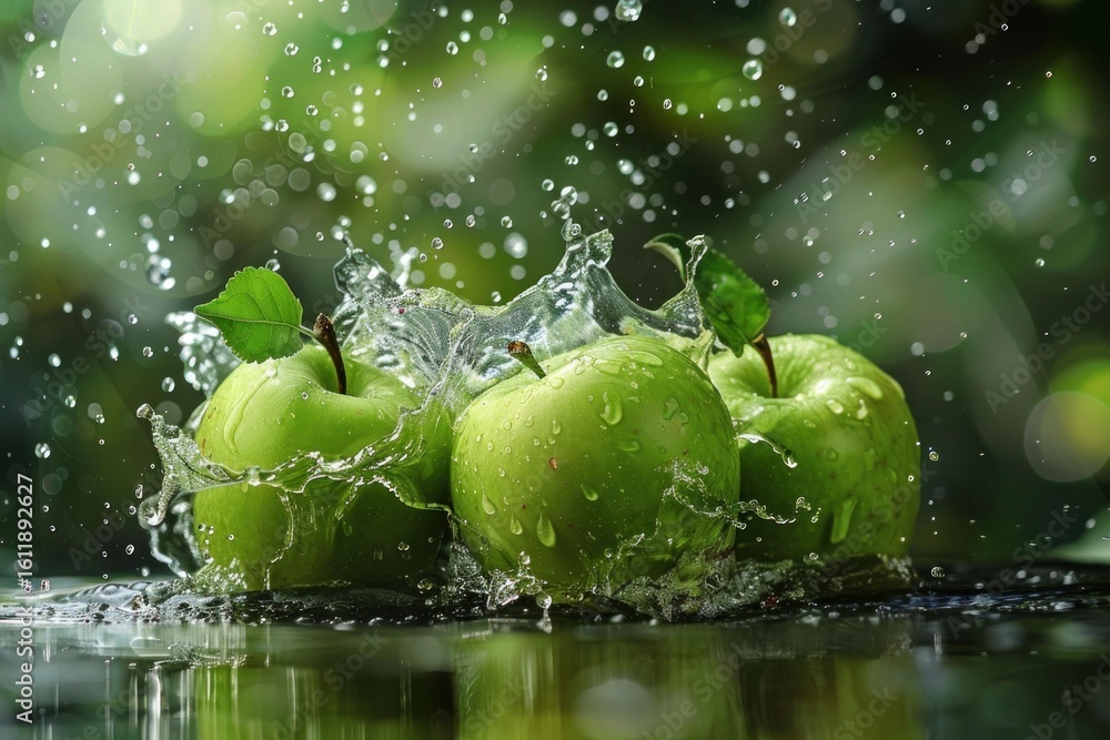 Poster water splashing on fresh green apples, creating a refreshing scene