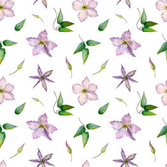 Seamless watercolor pattern with delicate flowers of lilies and clematis
