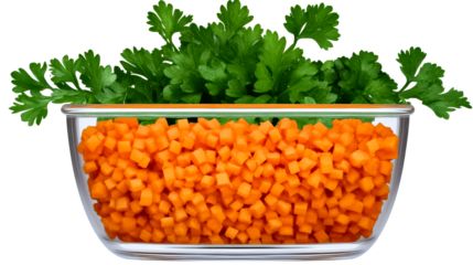 Freshly chopped carrots and cilantro in transparent container