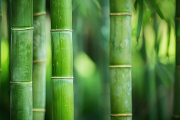 Fototapeta premium Close up of vibrant green bamboo stalks growing in a dense bamboo forest, creating a peaceful and natural scene