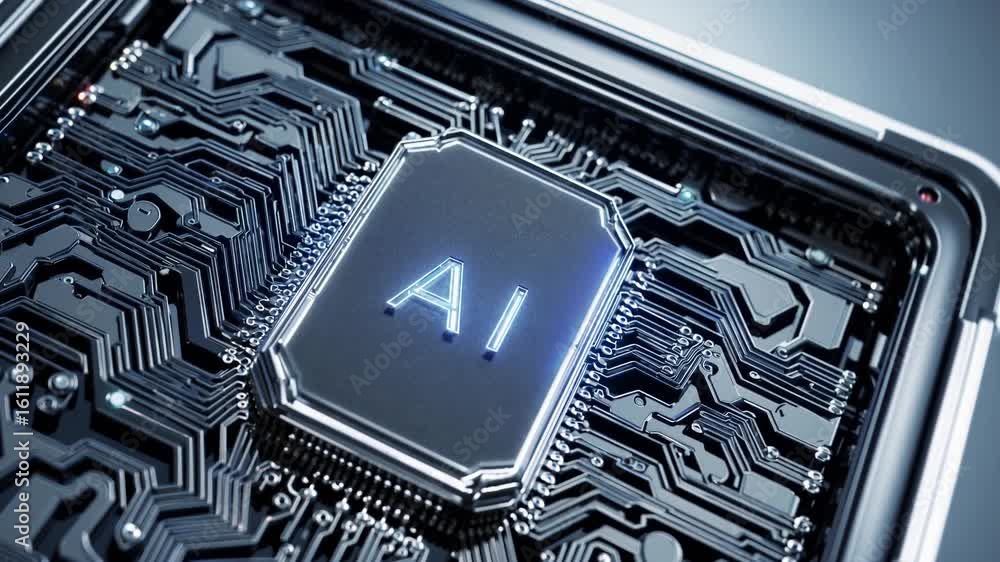 Poster detailed closeup of artificial intelligence processor glowing on circuit board, perfect for hightech