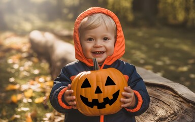Adorable toddler boy in orange hoodie holding a jack o lantern in autumn forest